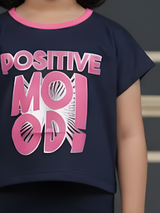 Girls Navy Blue "Positive Mood" Graphic Crop Tee