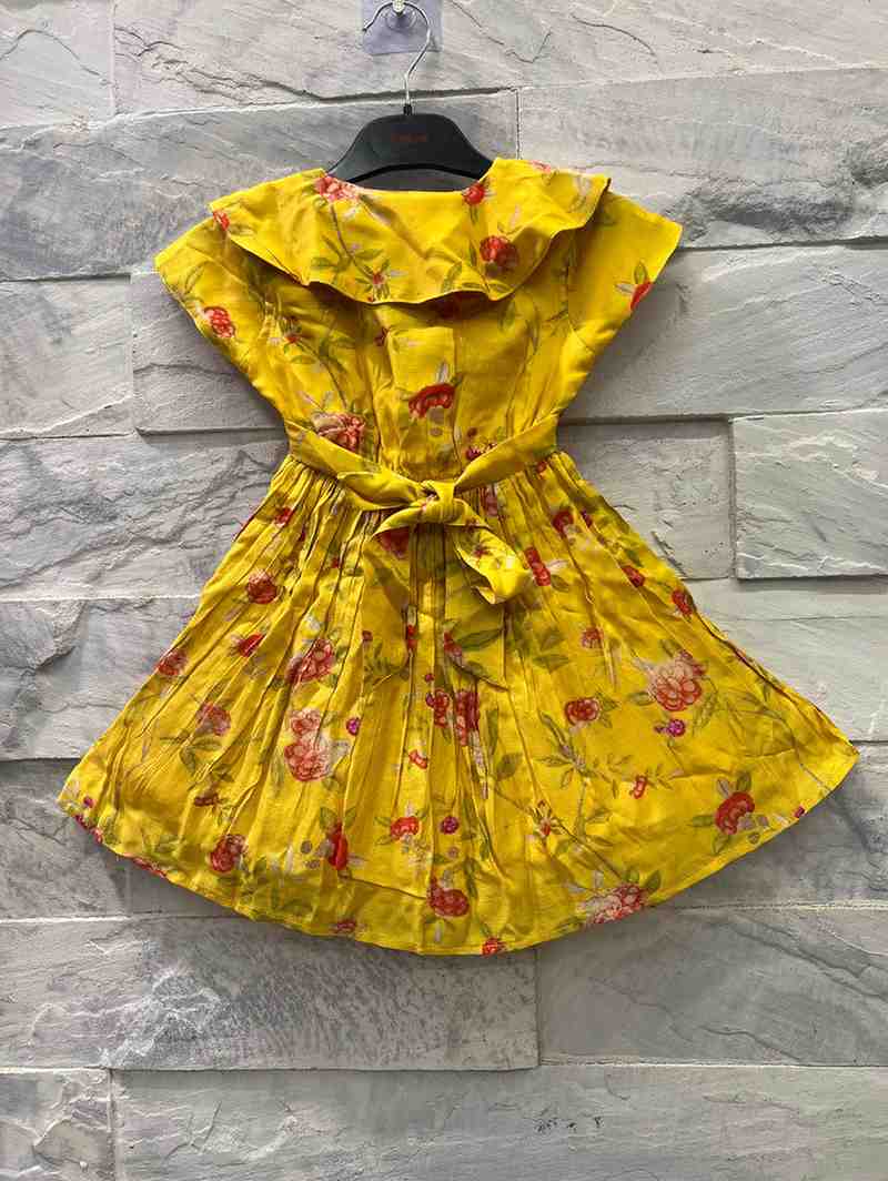 Girls' Yellow Floral Summer Dress with Ruffle Collar & Buttons
