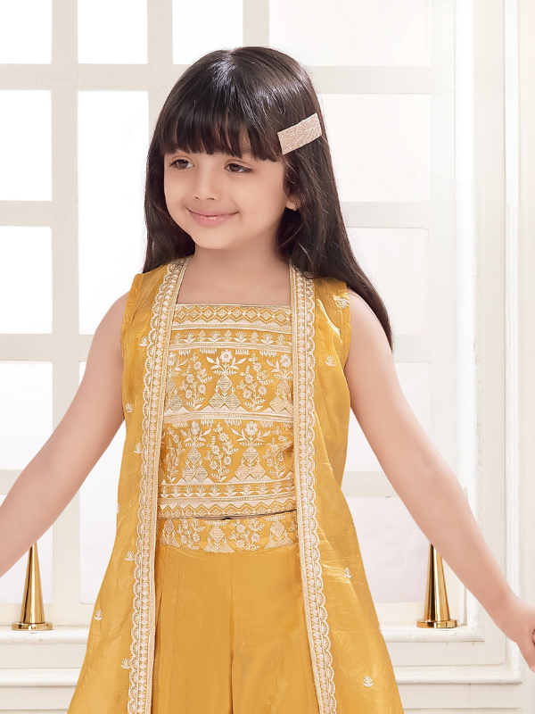 Girls Traditional Sleeves Less Plazo Set - Yellow