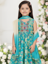 Girls' Aqua Floral Print Kurta Sharara Set | Embroidered Yoke Traditional Dress.