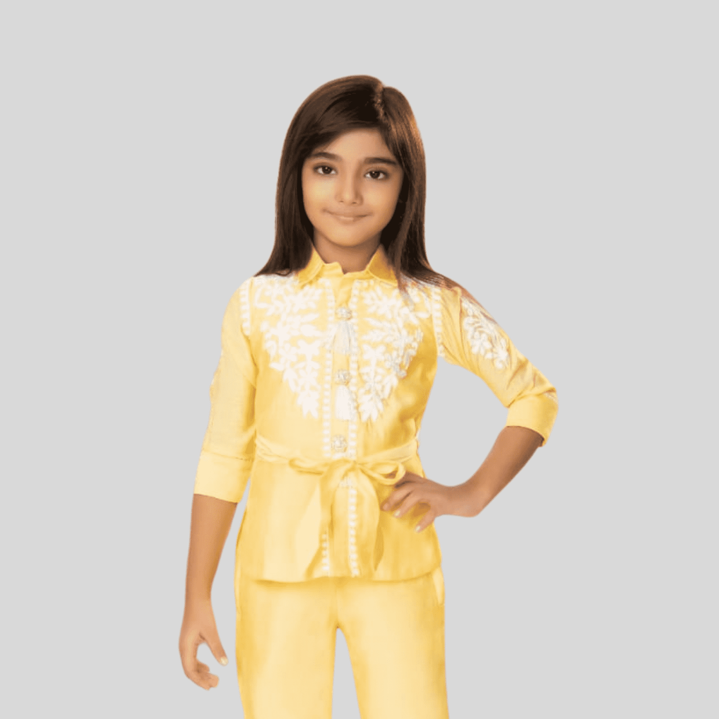 Girls Elegant Yellow Embroidered Tunic and Trouser Set
