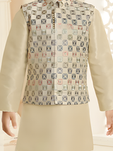 Boys' Festive Beige/Cream Kurta Set with Multi-Color Patterned Waistcoat