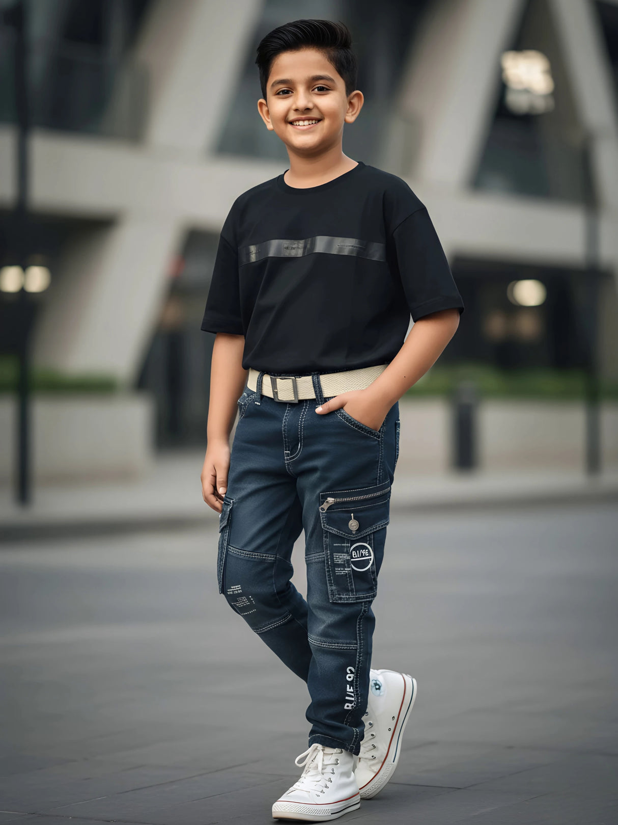 Boys Dark Blue Multi-Pocket Denim Cargo Jeans