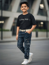 Boys Dark Blue Multi-Pocket Denim Cargo Jeans