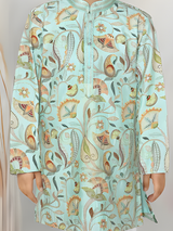 Boys' Festive Mint/Teal Green Printed Kurta and White Pajama Set