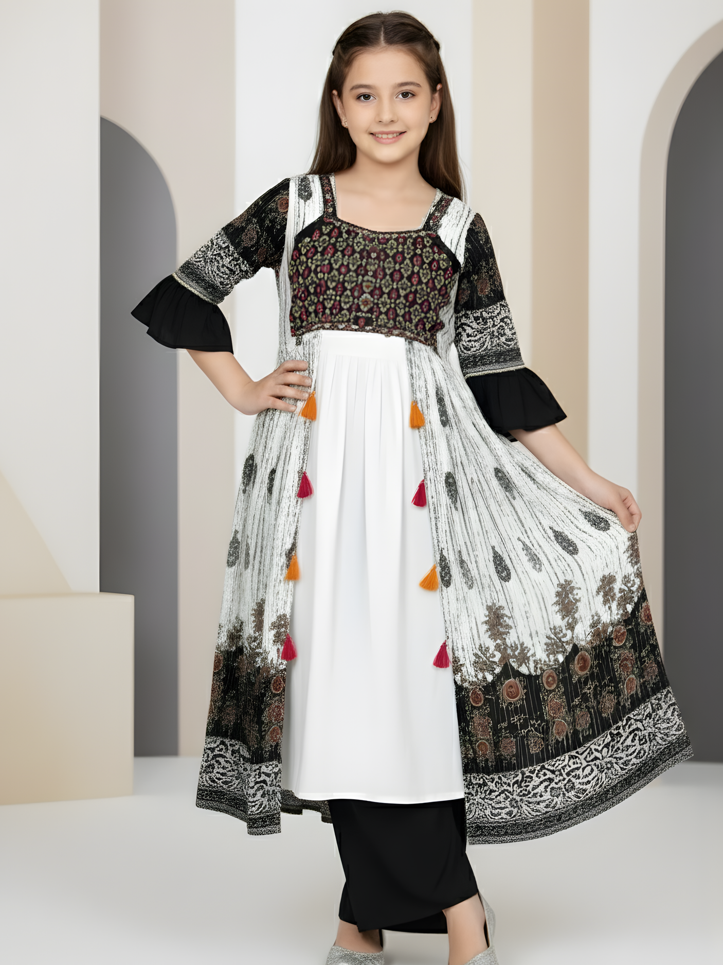 Girls' Black & White Printed Long Jacket, Crop Top and Palazzo Set - Indo-Western