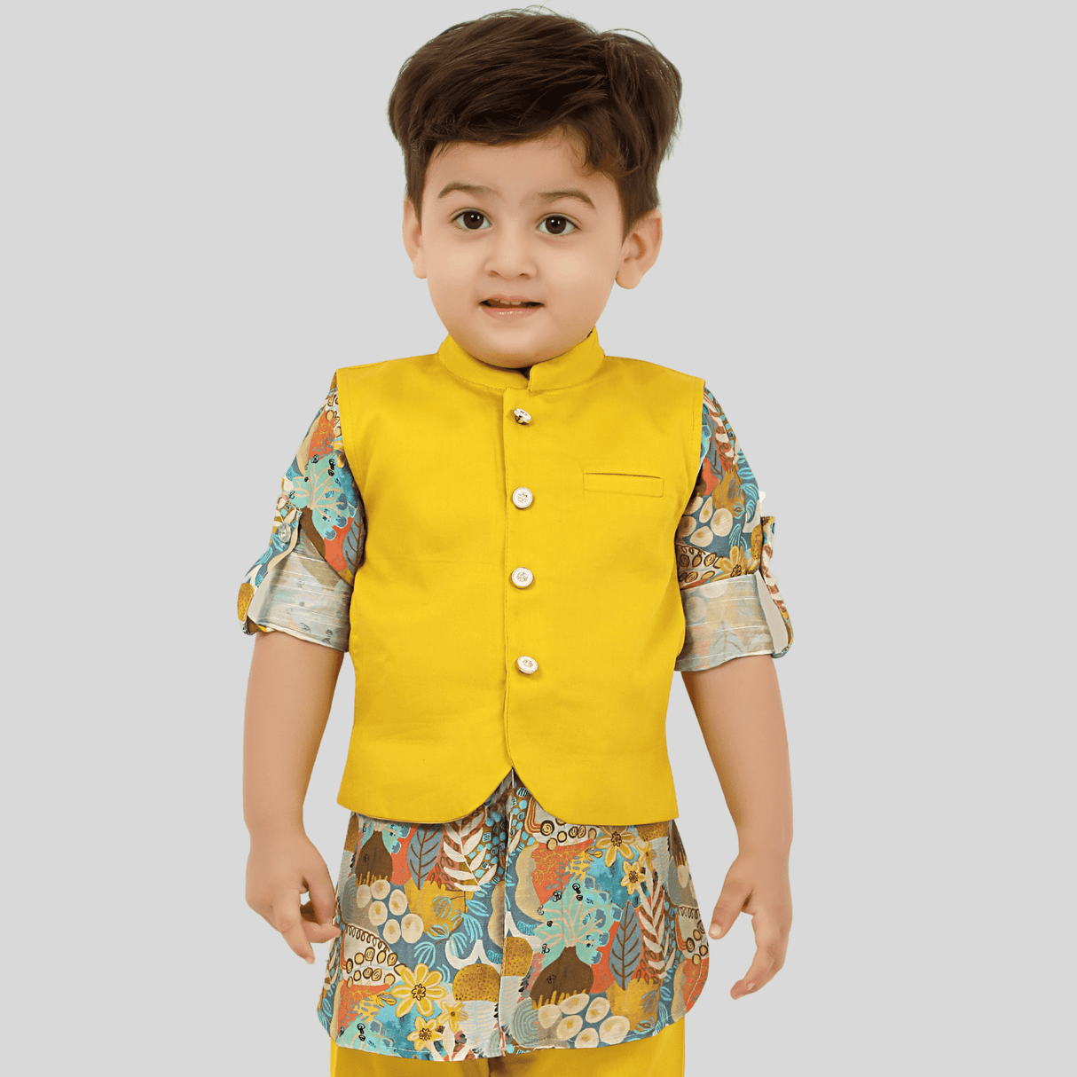 Boys Traditional Printed Chudidar Kurta with Koti - Green