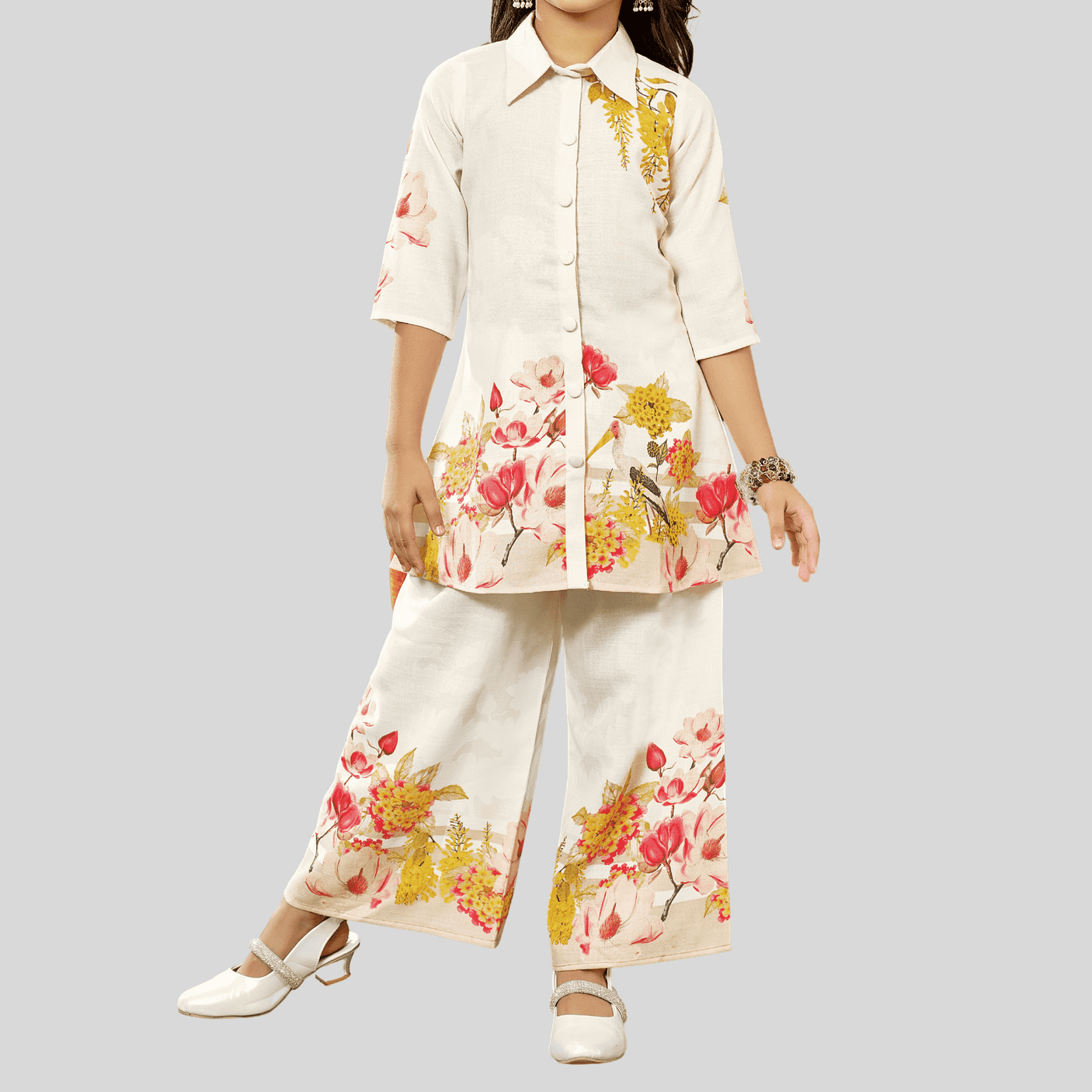 Girls Traditional 3/4th Sleeves Plazo Set - Cream