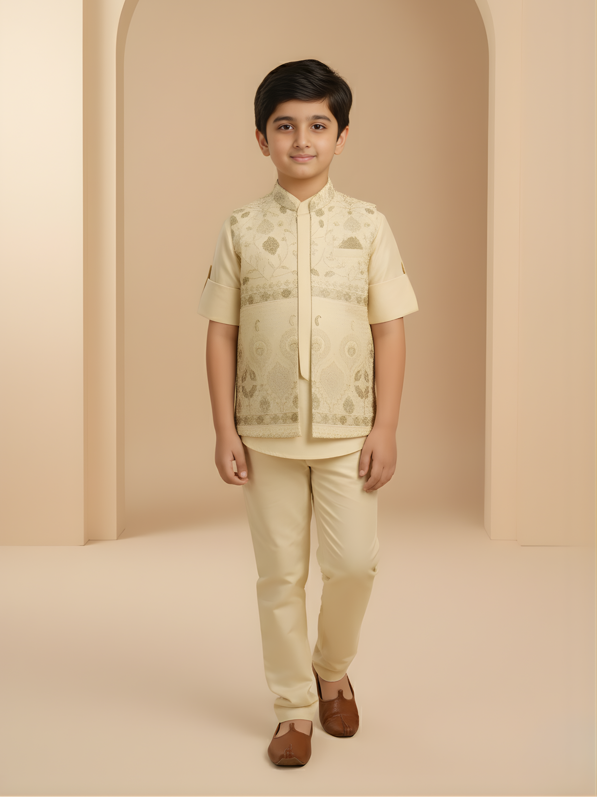 Boys Traditional Little Magic Printed Indo Western Kurta Set - Cream