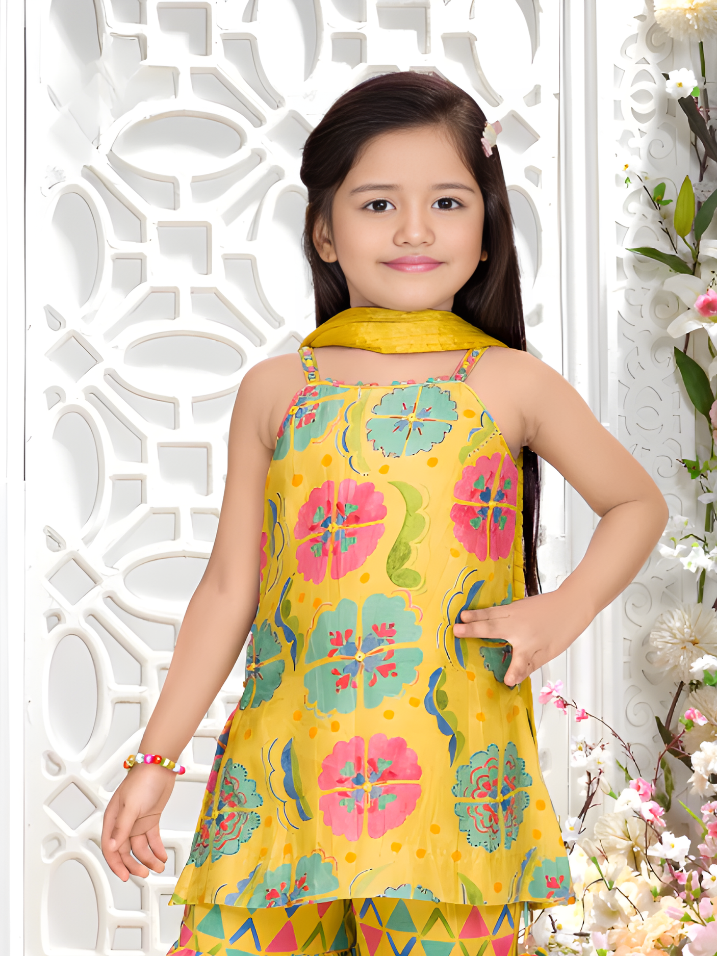 Girls' Festive Yellow Floral Crop Top & Geometric Tiered Sharara Set
