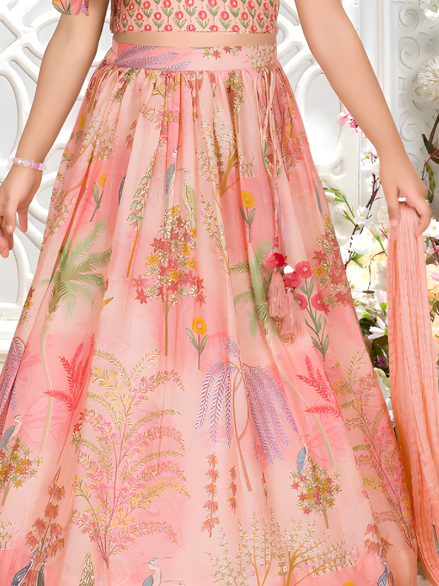 Girls' Pink Printed One-Shoulder Lehenga Choli Set with Dupatta