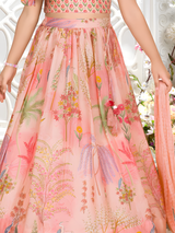 Girls' Pink Printed One-Shoulder Lehenga Choli Set with Dupatta