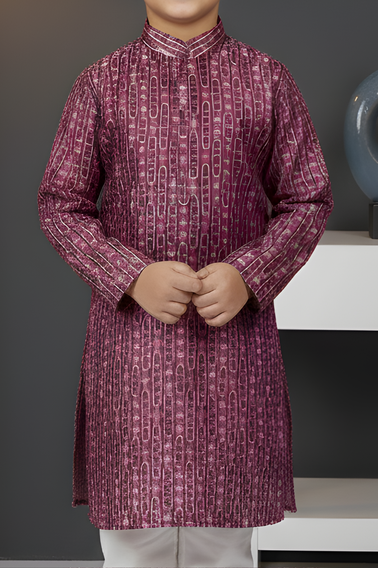 Boys' Royal Purple Geometric Print Kurta Set