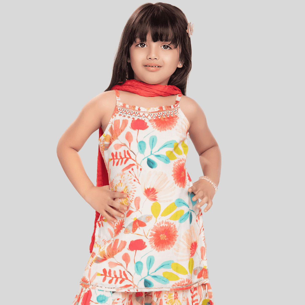 Girls Traditional Sleeves Less Ghagara Set - Cream