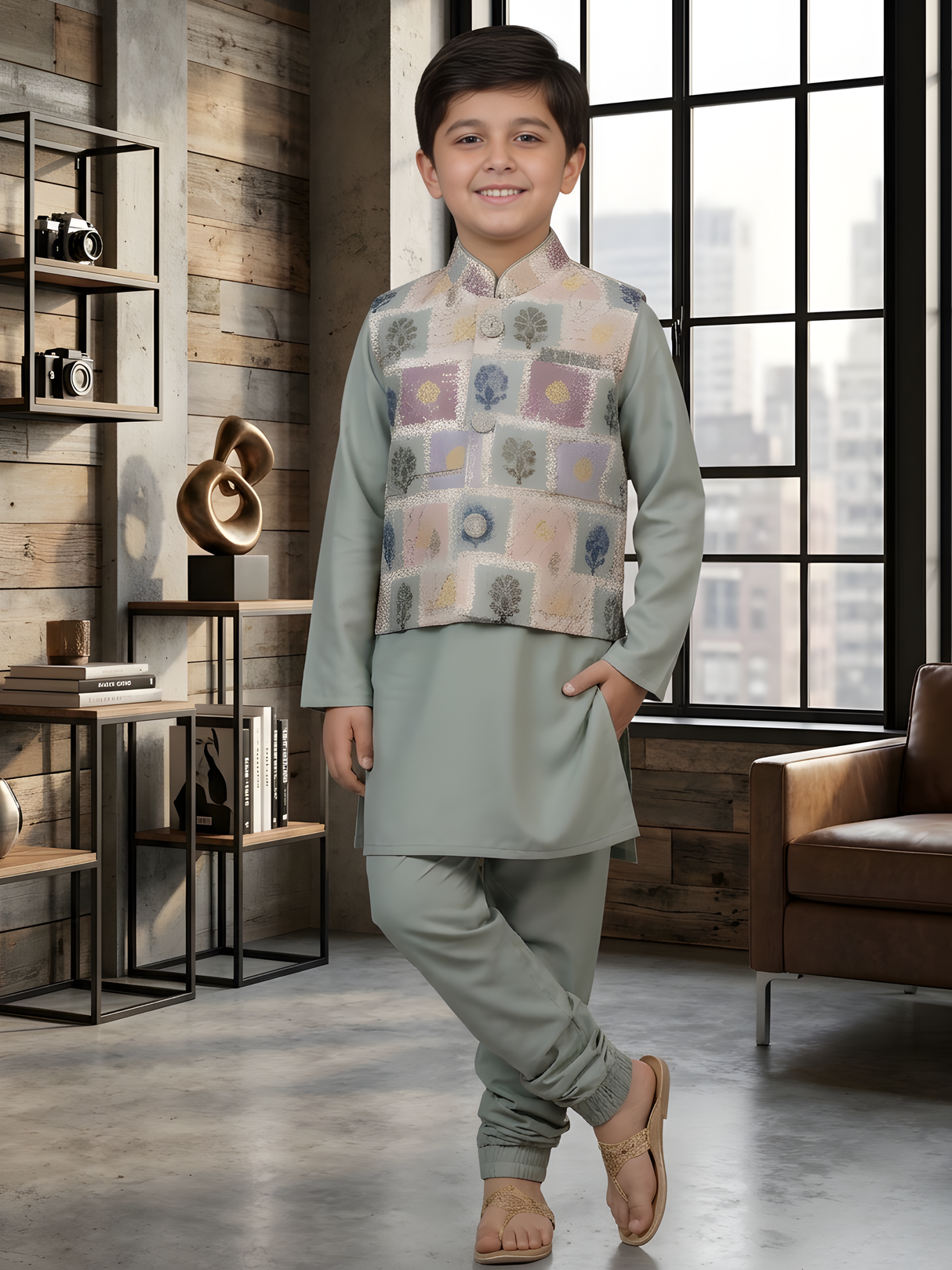 Boys' Sage Green Kurta Set with Multi-Color Patterned Nehru Jacket