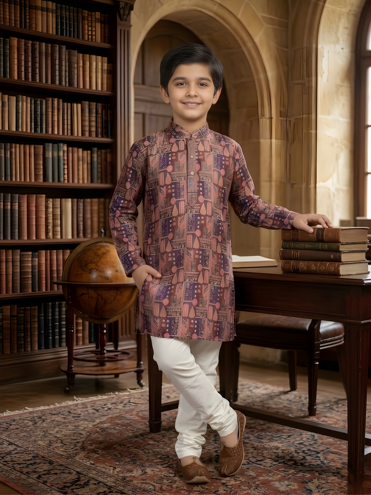 Boys' Mauve & Blue Figurative Print Kurta with Cream Pyjama Set.