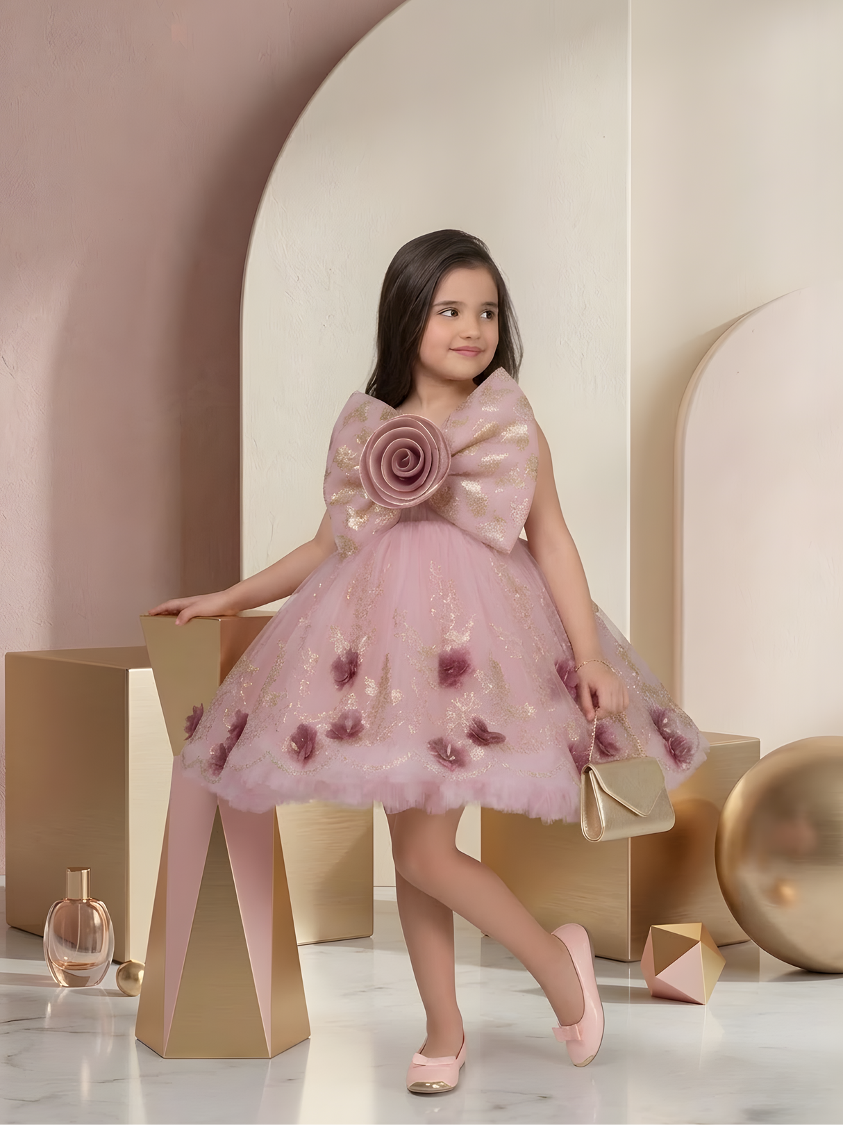 Girls' Dusty Rose Glitter Tulle Frock with Oversized Bow & 3D Flowers.
