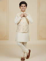 Boys Traditional Self Design Chudidar Kurta with Koti - Cream