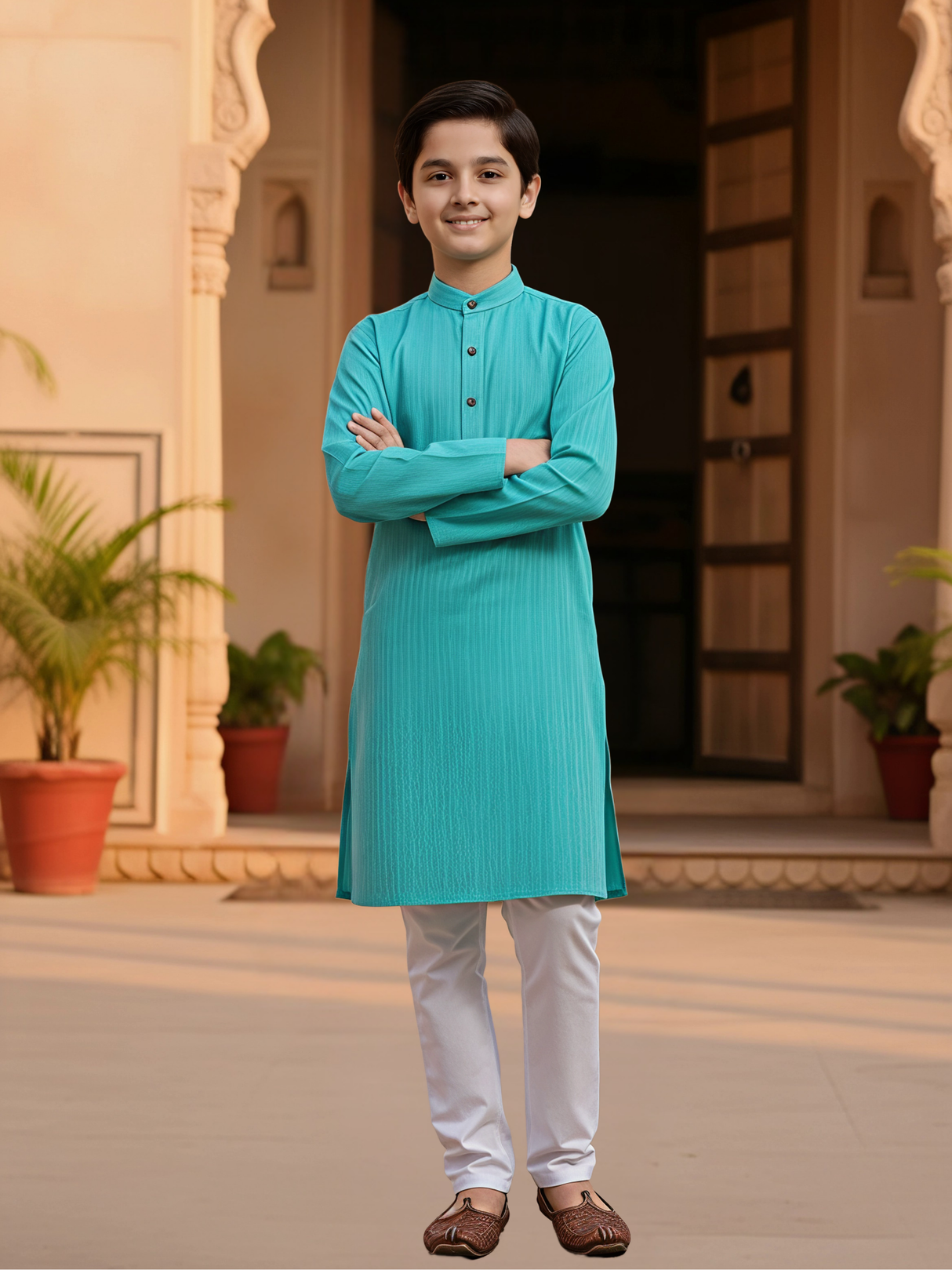 Boys Elegant Green Cotton Kurta Set with White Pajama