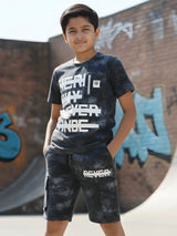 Boys Black Acid Wash 'Never' Graphic Shorts Set