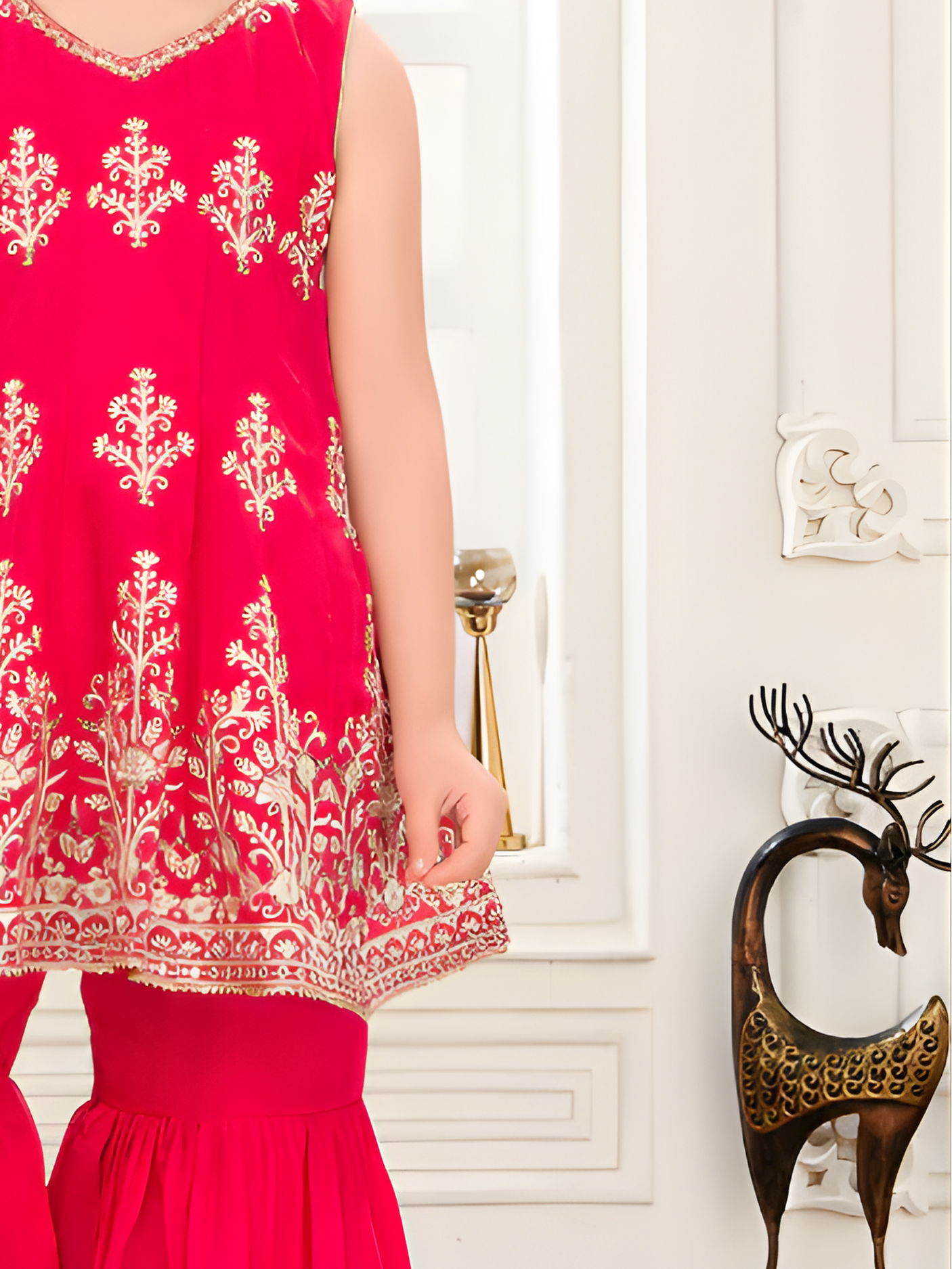 Girls' Rani Pink & Gold Embroidered Peplum Top Sharara Set.