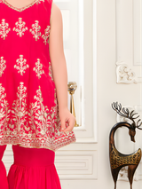 Girls' Rani Pink & Gold Embroidered Peplum Top Sharara Set.