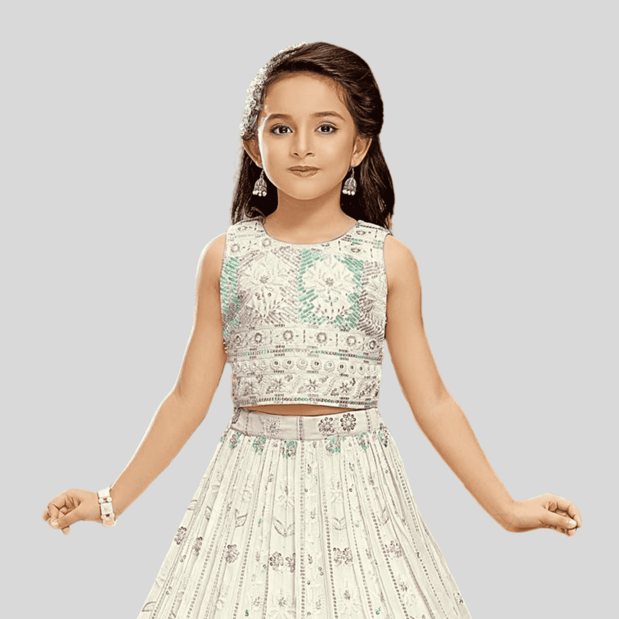Girls Traditional Sleeves Less Long Choli - Cream