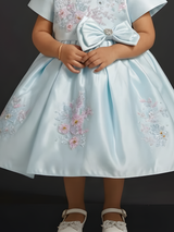Serene Sky Blue Floral Embroidered Satin Party Dress with Waist Bow