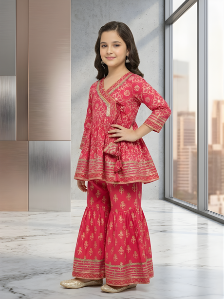 Girls' Fuchsia Pink Block Print Kurti, Sharara, and Dupatta Set with Heavy Embroidery