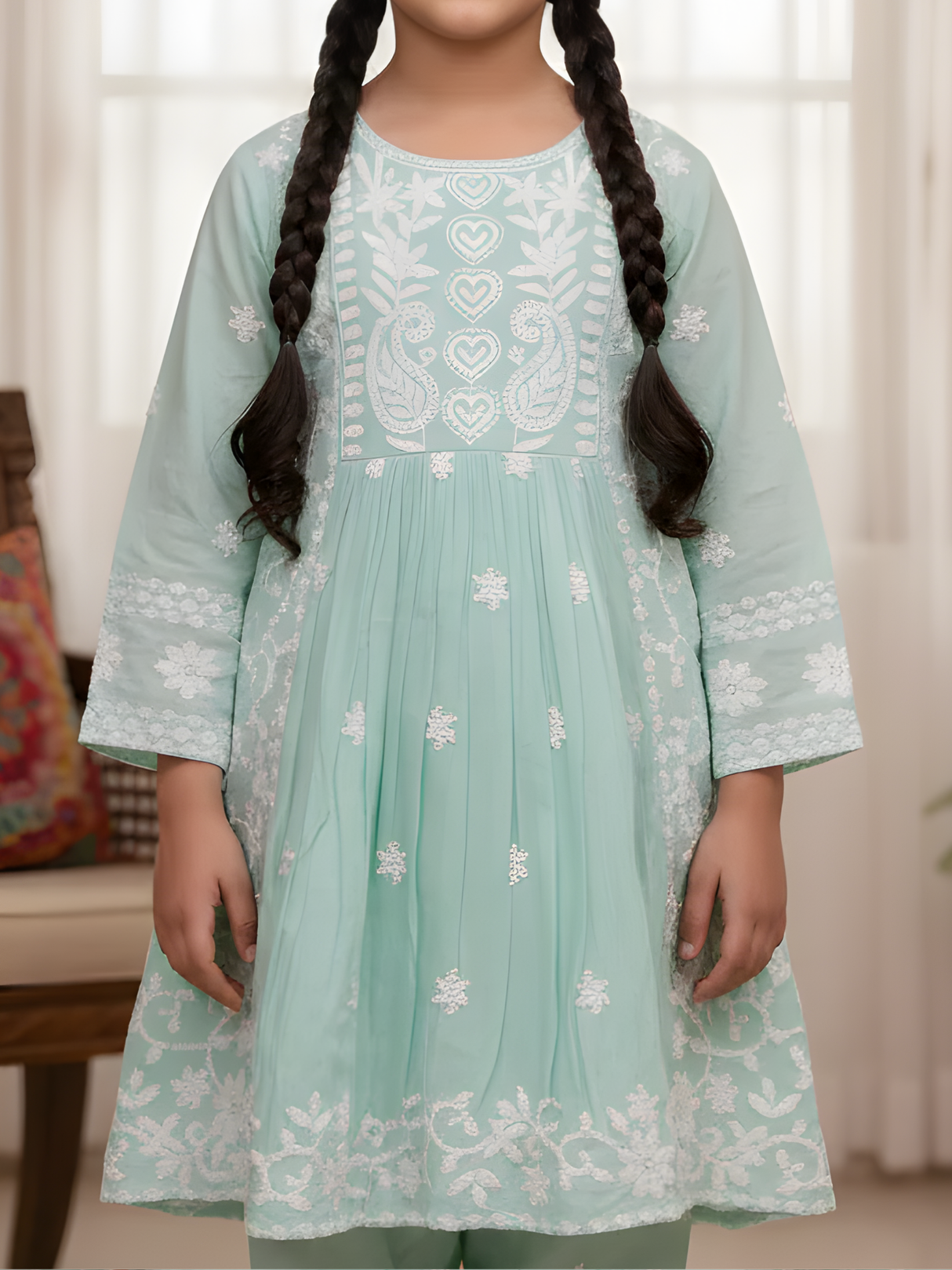 Girls' Lime Green Floral Printed Kurti Set