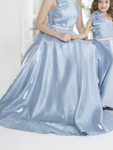 Girls Party Plain Satin Western Gown With Work - Blue