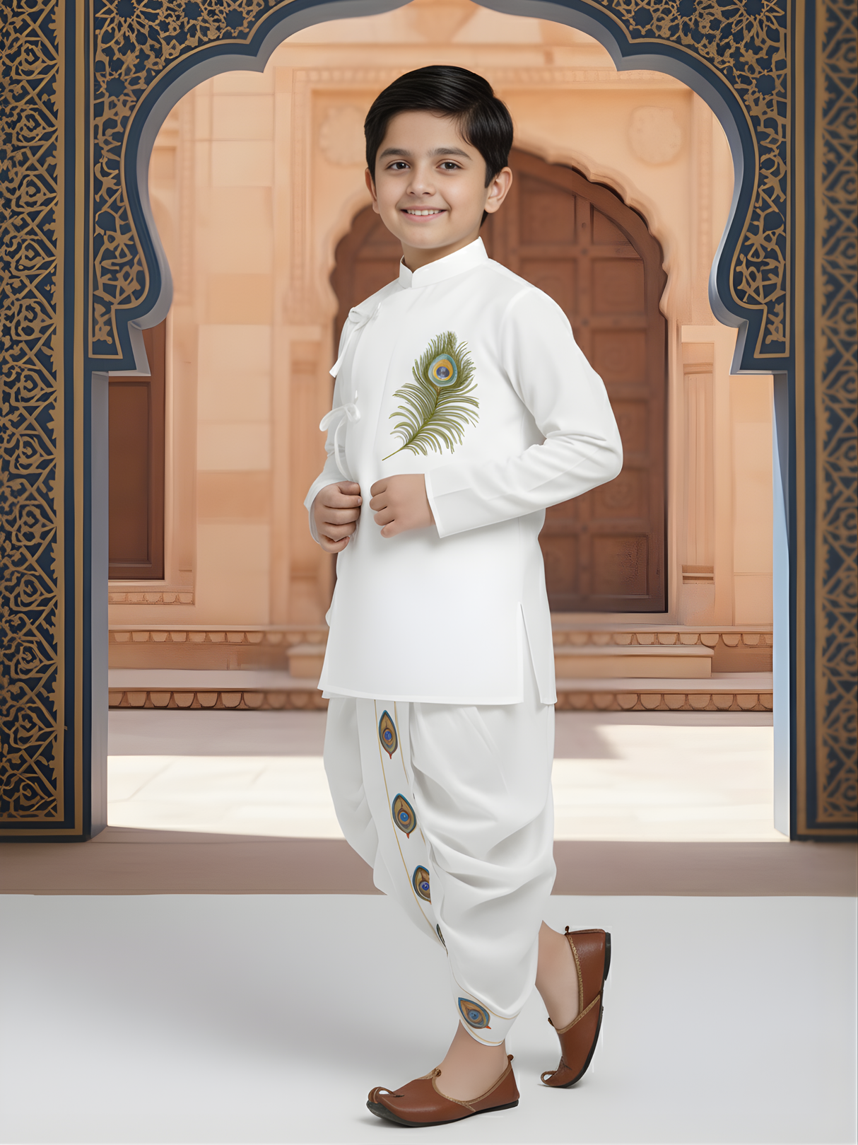 Boys' Crisp White Angrakha Kurta and Dhoti Set with Peacock Feather Embroidery
