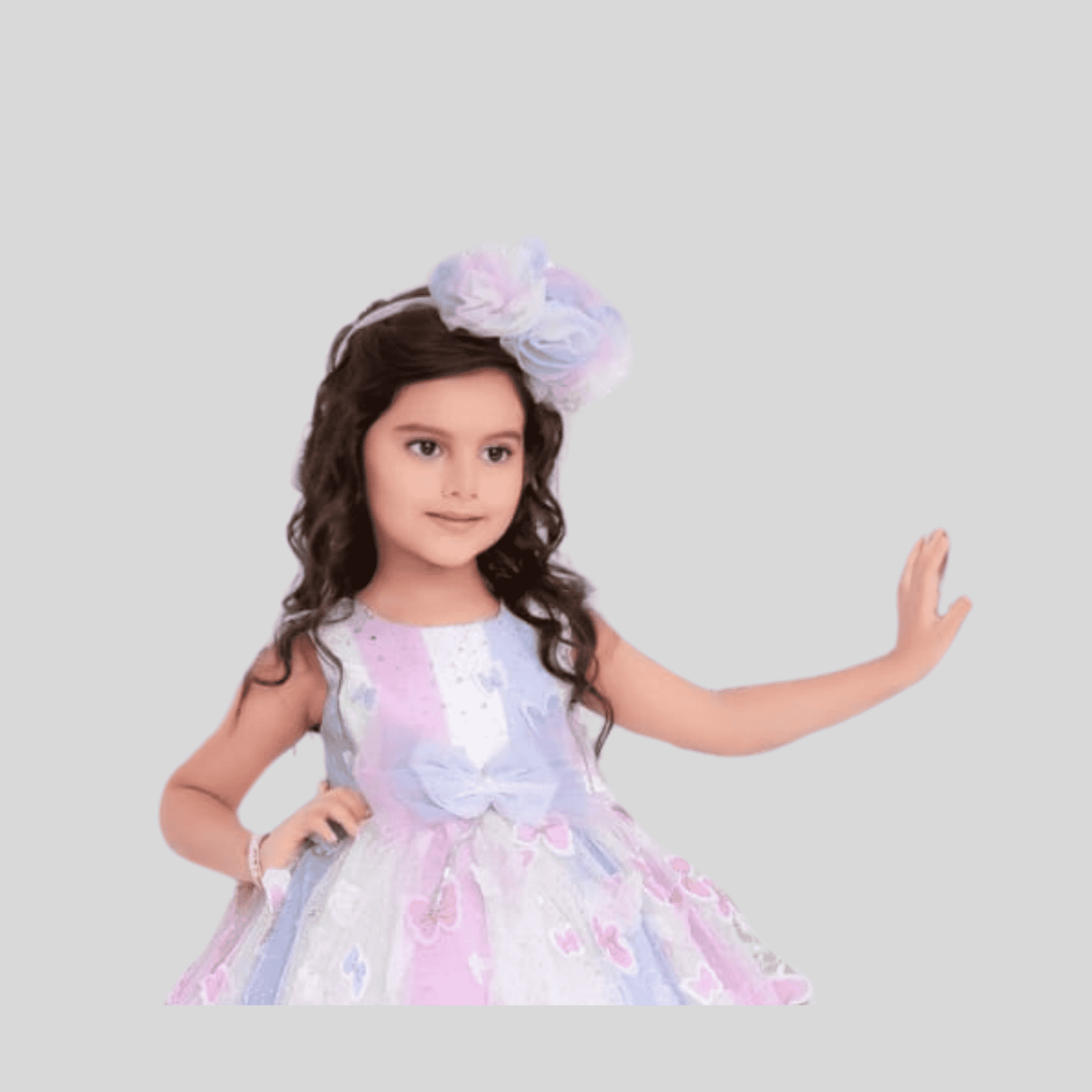 Girls Party Printed Heavy Western Gown - White