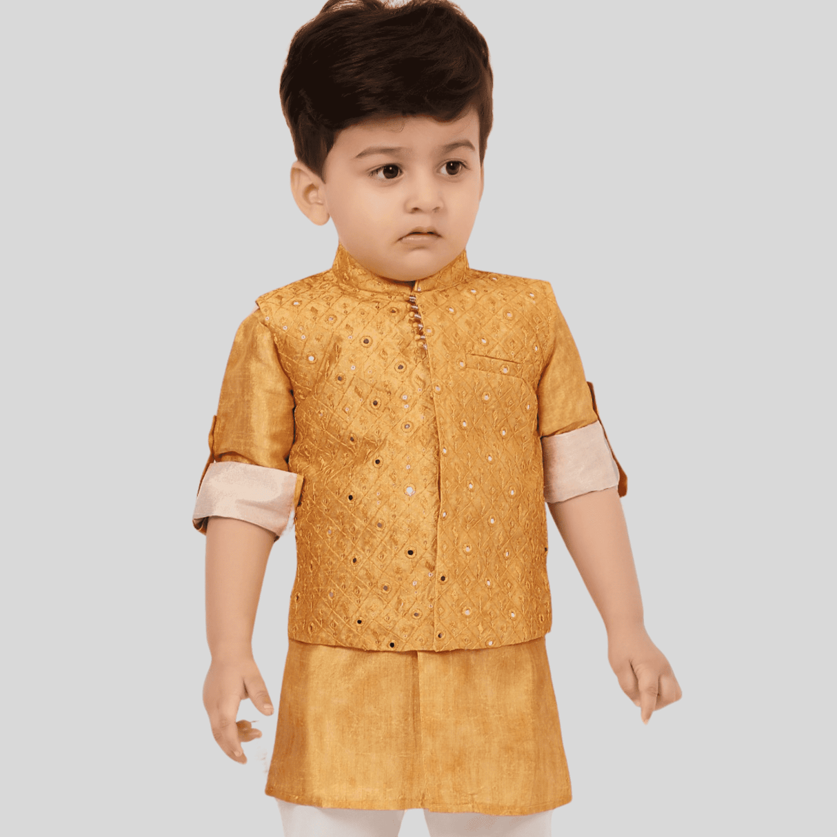 Boys Traditional With Work Chudidar Kurta with Koti - Yellow