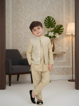 Boys' Fawn Beige Kurta Pajama Set with Embroidered Nehru Jacket