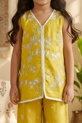 Girls' Sunny Yellow Palazzo Set with White Floral Embroidery.