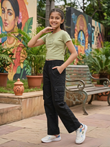 Girls' Stylish Black Wide-Leg Cargo Pants