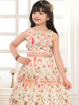 Girls' Floral Embroidered Lehenga Choli Set (Cream/Off-White)