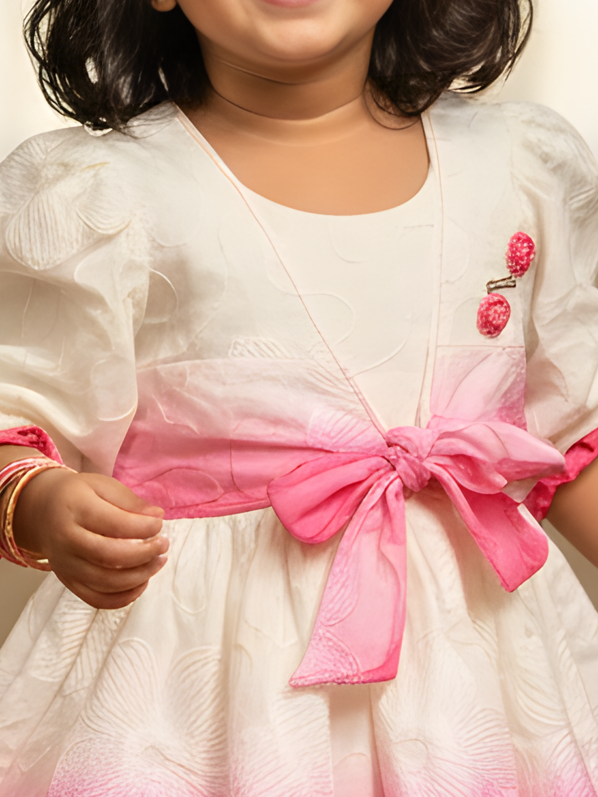 Girls' Cream and Pink Ombre Embroidered Frock with Bow Accent