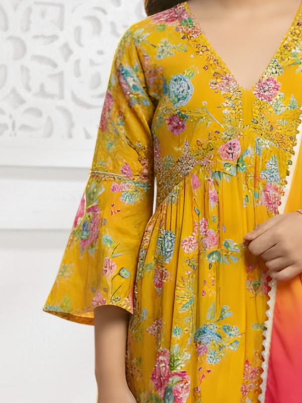 Girls' Sunny Yellow Floral Print Kurta and Palazzo Set with Ombré Dupatta