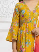 Girls' Sunny Yellow Floral Print Kurta and Palazzo Set with Ombré Dupatta