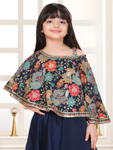 Girls' Embroidered Floral Cape Top and Palazzo Set (Navy Blue)