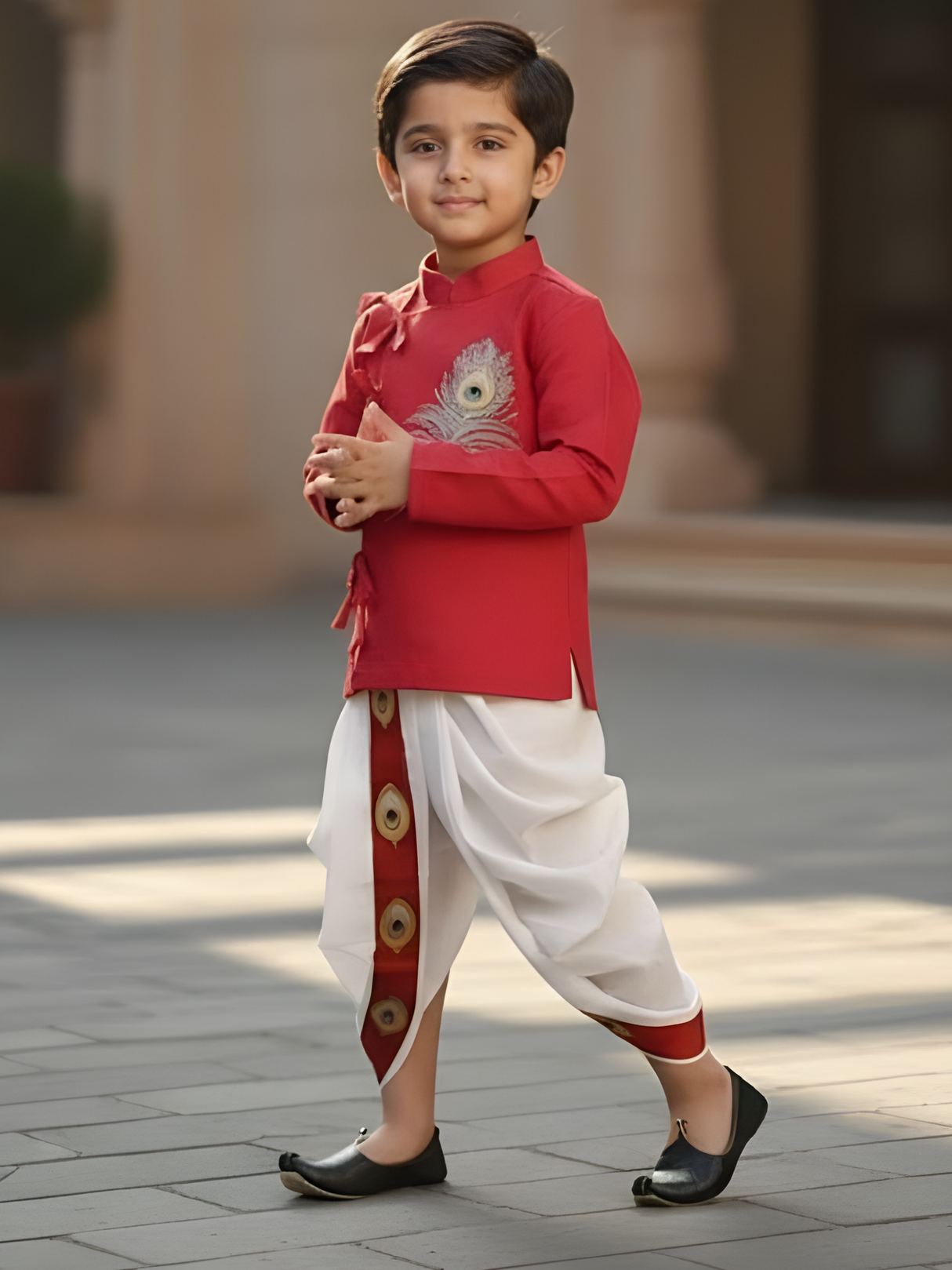 Boys Vibrant Red Angrakha Kurta with Dhoti Set - Peacock Feather Motif