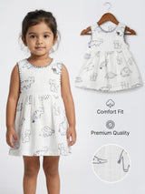 White Meow Cat Print Cotton Frock for Girls