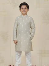Boys' Mint Green Floral Embroidered Kurta with White Pajama Set