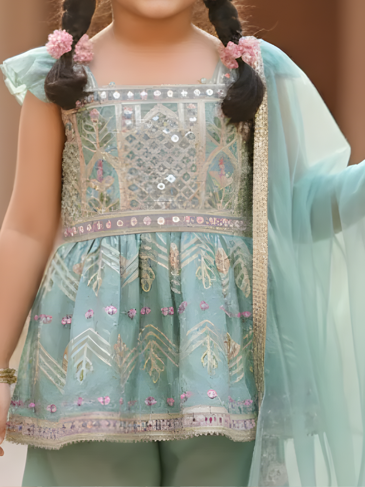 Girls Sea Green Embroidered Peplum PalazzoSet with Ruffled Dupatta