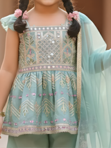 Girls Sea Green Embroidered Peplum PalazzoSet with Ruffled Dupatta