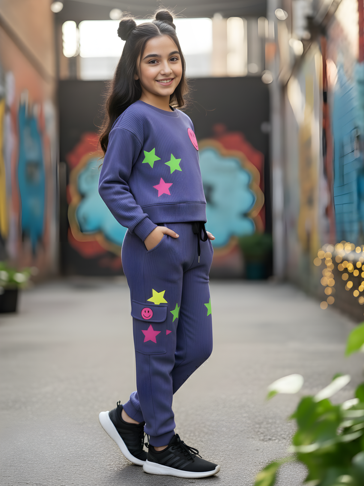 Girls Purple Neon Star & Smiley Ribbed Co-ord Set