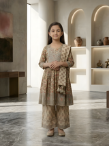 Girls' Elegant Cream Block Print Kurti, Sharara, and Dupatta Set with Heavy Embroidery
