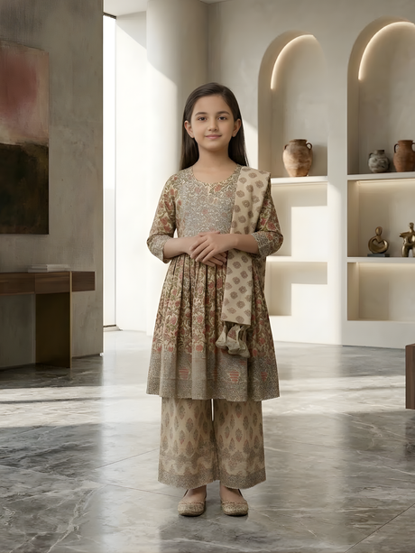 Girls' Elegant Cream Block Print Kurti, Sharara, and Dupatta Set with Heavy Embroidery